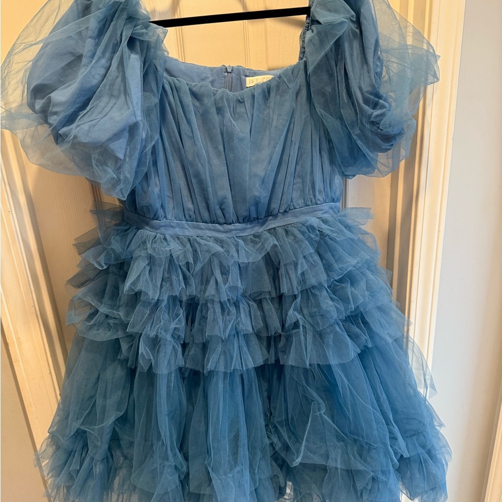 Ivy City Co Blue Mini Dress with Puff Sleeves and Tiered Ruffles